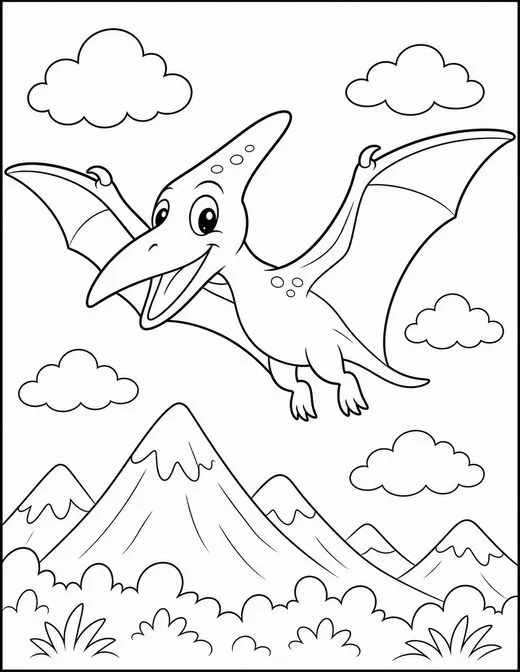 Dibujo de un pterodáctilo volando sobre las montañas, para colorear.