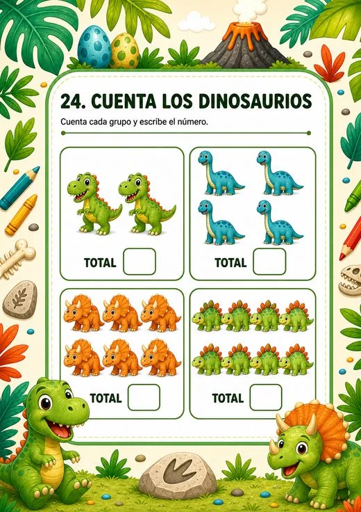 Ficha para contar grupos de dinosaurios y escribir el total.