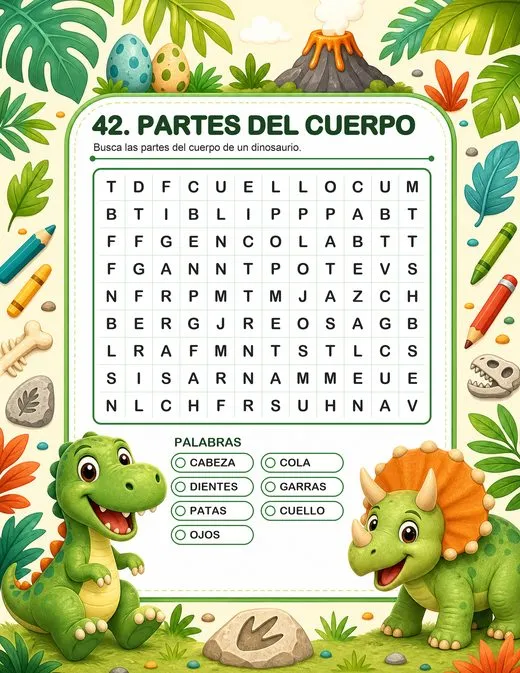 Sopa de letras con las partes del cuerpo de un dinosaurio.