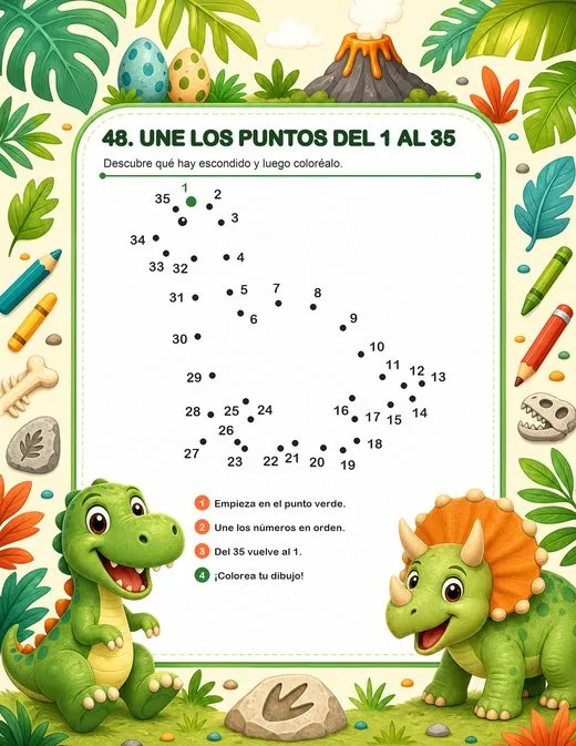 Une los puntos del 1 al 35 para descubrir un dinosaurio.