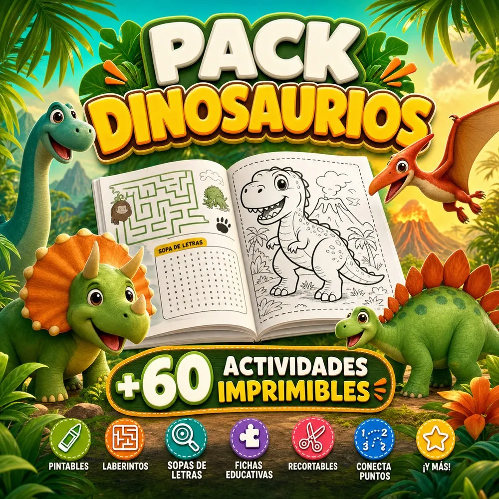 Portada del Pack Dinosaurios: un libro abierto con un laberinto, una sopa de letras y un T-Rex para colorear, rodeado de dinosaurios.